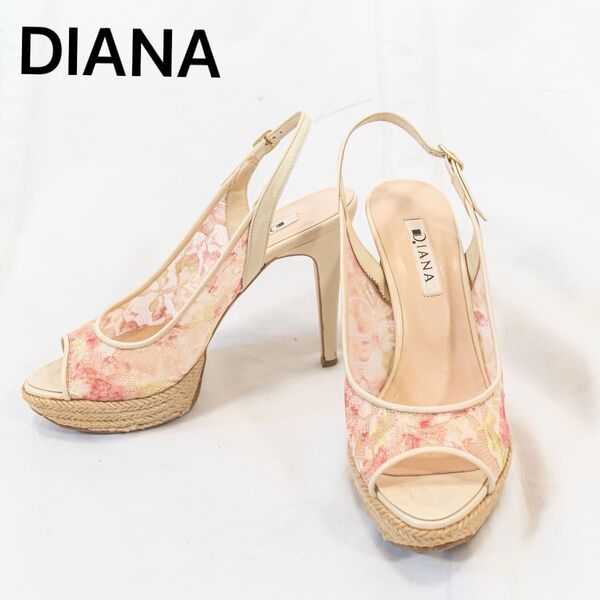 ☆極美品☆ DIANA ダイアナ ストラップ ハイヒール パンプス ミュール レース 花柄 ゴールド金具 23.5cm