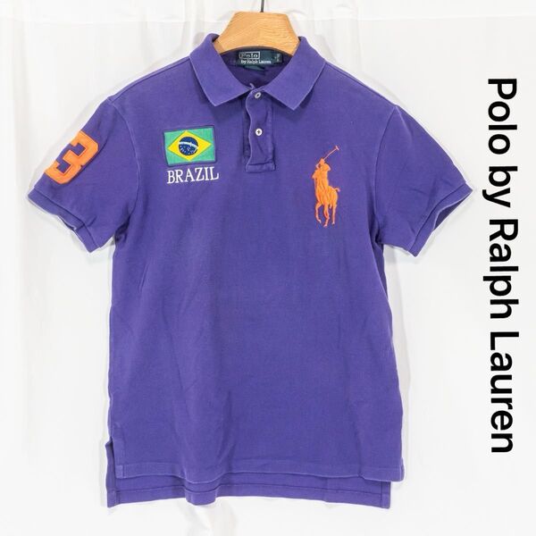 ☆美品☆ Polo by Ralph Lauren ポロ ラルフローレン 半袖ポロシャツ ブラジル 刺繍ロゴ M パープル 古着