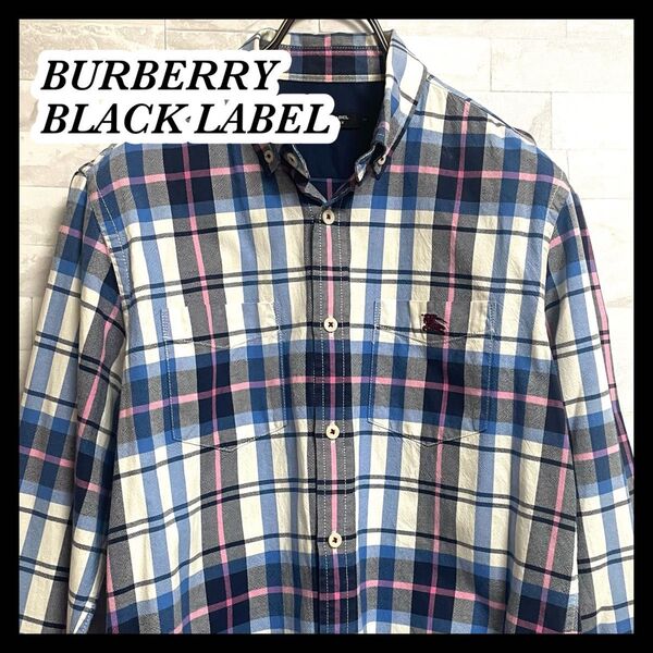 【BURBERRY BLACK LABEL】長袖シャツ チェック柄 メンズ 2 Mサイズ相当 刺繍 バーバリーブラックレーベル