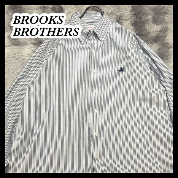 訳あり【BROOKS BROTHERS】ストライプ長袖シャツ メンズ Lサイズ 大きめサイズ ワンポイント刺繍 ビッグシルエット