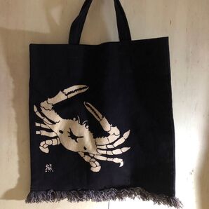 トートバッグ 蟹 プリント 藍染 紺色 帆布