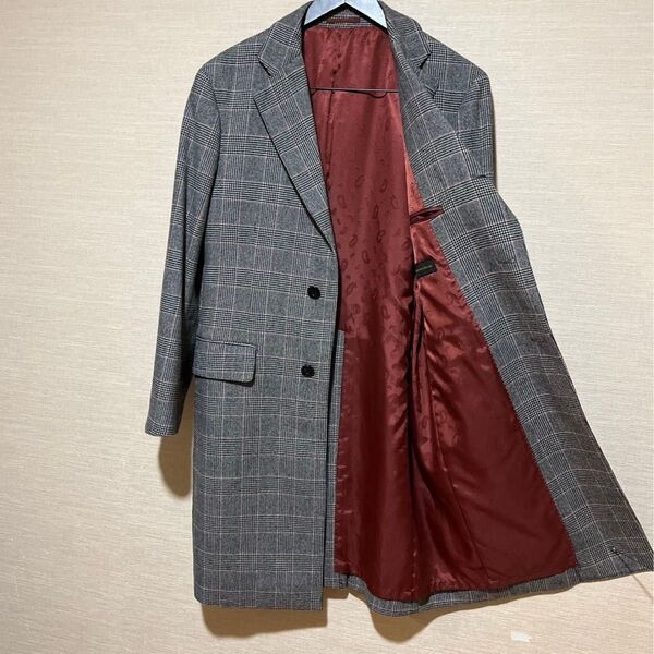 クリスチャンオラーニ ロングコート LL XL カシミヤ ウール チェック 裏地 ペイズリー CHRISTIAN ORANI 美品