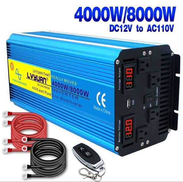 新品 インバーター 正弦波 4000W 最大8000W DC12V AC100V 50Hz/60Hz 切替 車変圧器 車中泊