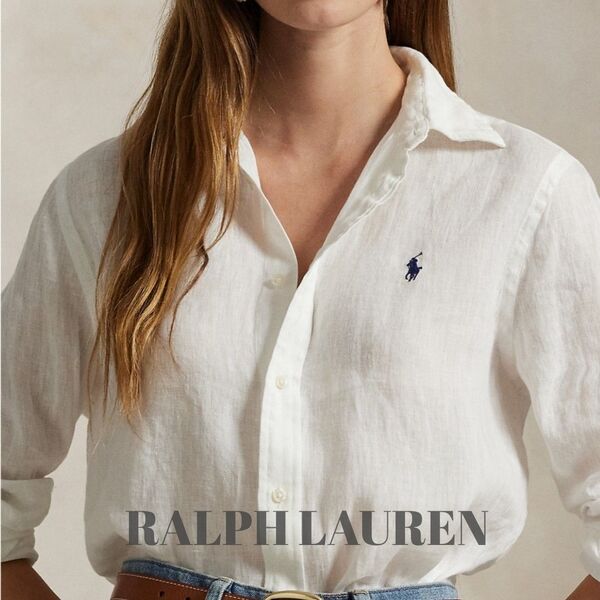 【美品】ラルフローレン リネン100%レディースシャツ ネイビーポニー XS RALPH LAUREN 長袖
