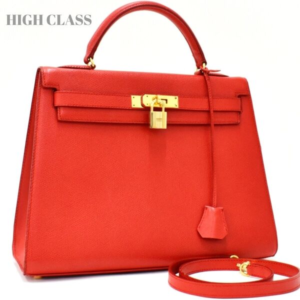 【未使用級】HIGH CLASS ハイクラス2wayハンドバッグ ショルダー エルメスケリー型 オールレザー レッド ゴールド金具