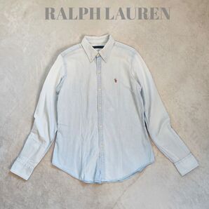 RALPH LAUREN ラルフローレン薄色デニム長袖シャツ ライトブルー M ボタンダウン 長袖シャツ