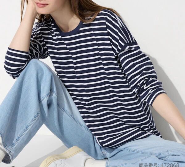 【新品タグ付】ユニクロスムースコットンリラックスボーダーTシャツ ネイビー