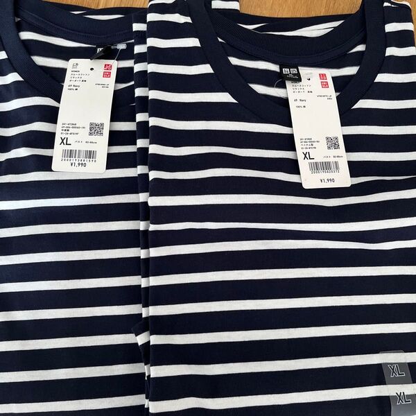 新品タグ付】ユニクロスムースコットンリラックスボーダーTシャツ ネイビー 2枚
