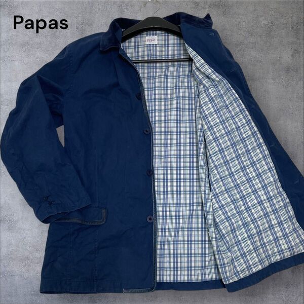 Papasパパス デニムジャケット 裏地チェック柄ネイビーサイズL
