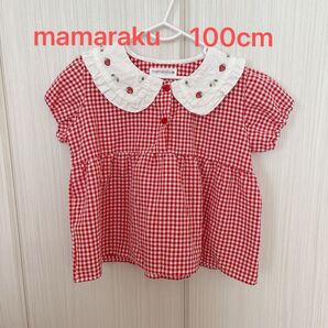 ブラウス 半袖 キッズ 100cm いちご 赤 チェック mamaraku ママラク