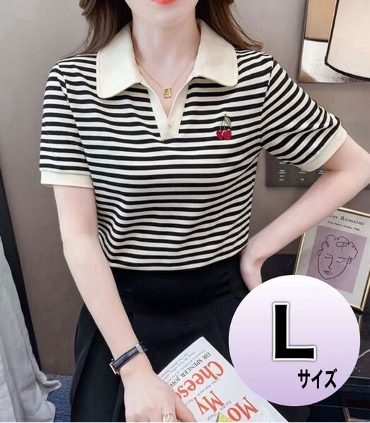 ☆ボーダー☆ポロシャツ☆チェリー☆トップス☆オシャレ☆L