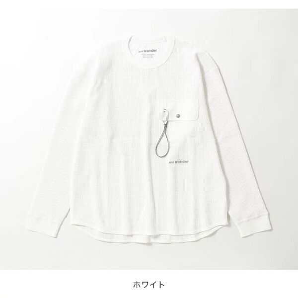 アンドワンダー PE ワッフルロングスリーブT and wander PE waffle long sleeve T ホワイト