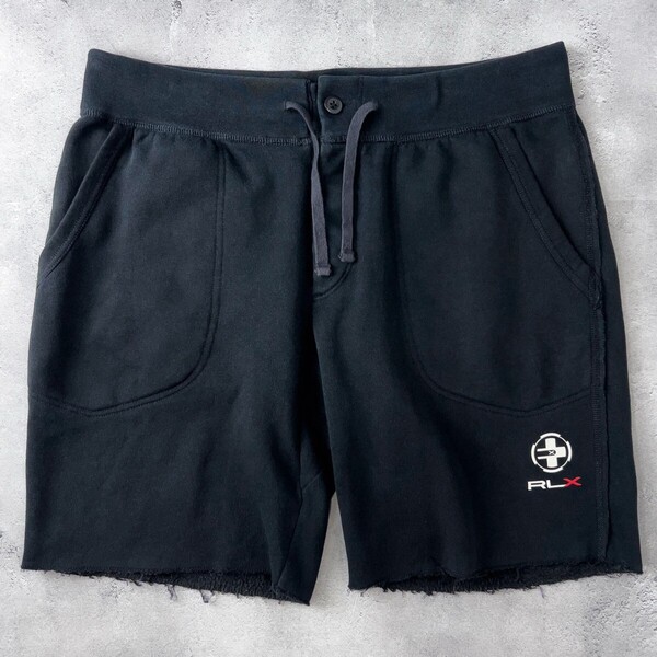 希少 RLX Ralph Lauren アールエルエックス ラルフローレン ゴルフ 裏起毛 カットオフ スウェット ハーフ パンツ メンズ M 黒 ゴルフウェア