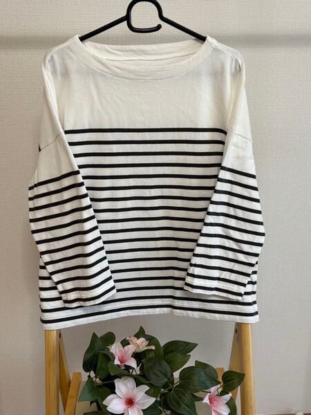 【無印MUJI】ボートネック カットソー 7部袖 ボーダーsize:L
