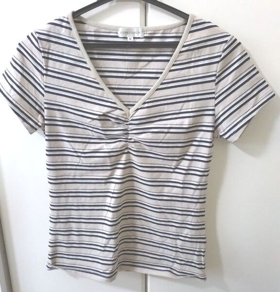 ESPRITMUR エスプリミュール 半袖 トップス Tシャツ カットソー ボーダー ベージュ Vネック Мサイズ