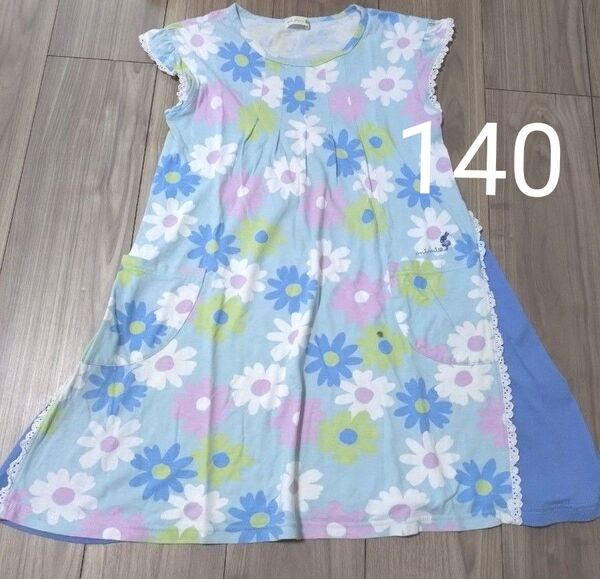 キッズ 子供 ニットプランナー KP ワンピース 花柄 ライトブルー 140サイズ