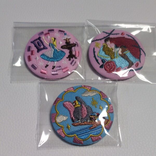 【新品未使用】ディズニー 刺繍缶バッジ ビスケット 缶バッジのみ 3種 オーロラ姫 アリス ダンボ 眠れる森の美女