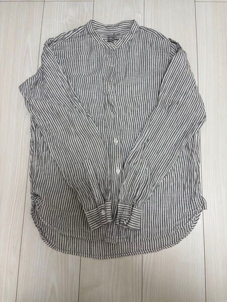 【無印良品】リネン洗いざらしスタンドカラーシャツ ベージュストライプ