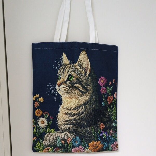 猫と花刺繍のプリントトートバッグ(キジトラ)