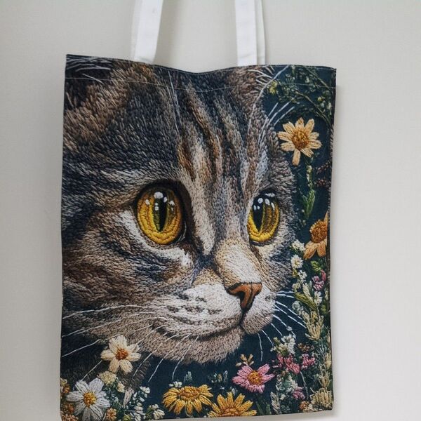 猫と花柄刺繍プリントトートバッグ