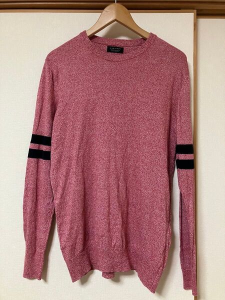 ZARA MAN 赤 薄手ニット Mサイズ 肘ボーダー