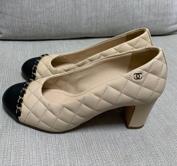 シャネルCHANEL キルティングパンプス チェーントリミング バイカラー マトラッセステッチ 37 箱付
