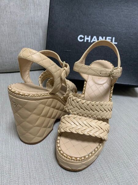 シャネル CHANEL サンダル ウェッジサンダル マトラッセステッチ チェーントリミング 38 箱付