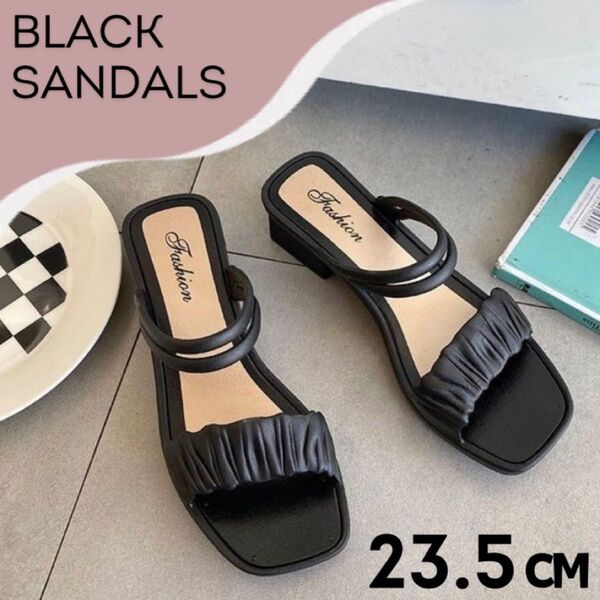 新品 サンダル 23.5センチ 黒 ブラック ミュール ストラップ スクエアトゥ 美脚