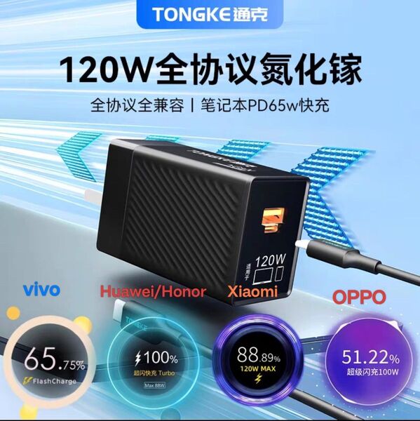 通克 TONKGE 120W GaN 充電器 OPPO Xiaomi vivo Huawei 独自規格 対応 ブラック