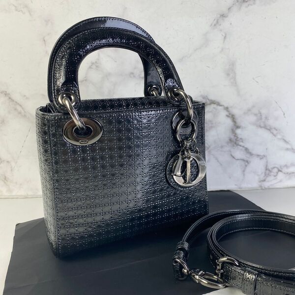 DIOR レディーDIOR2WAY エナメルショルダーバッグ グレー A-7715