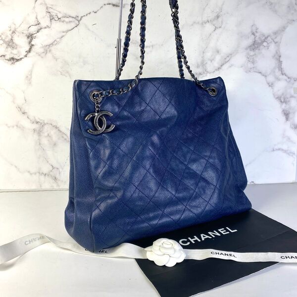 CHANEL シャネル マトラッセ ココマーク キャビアスキン トートバッグ ブルー A-7517