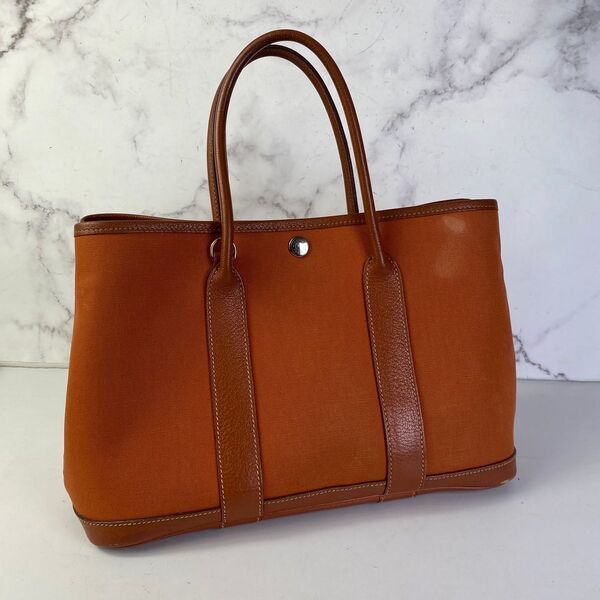 HERMES エルメス ガーデンパーティ30 キャンバス ハンドバッグ オレンジ A-7670