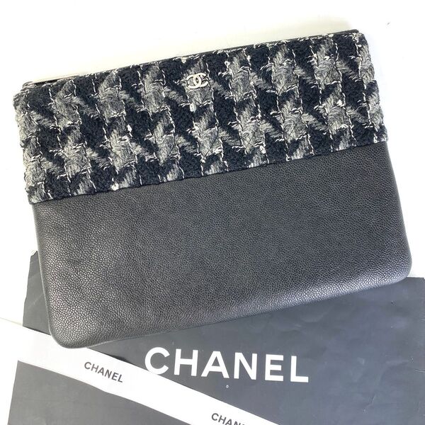 CHANEL シャネル ココマーク レザー×ニット ハンドバッグ グレー A-7733