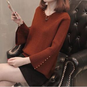 Vネックパール付きフレアスリーブニット ブラウン Fフリーサイズ