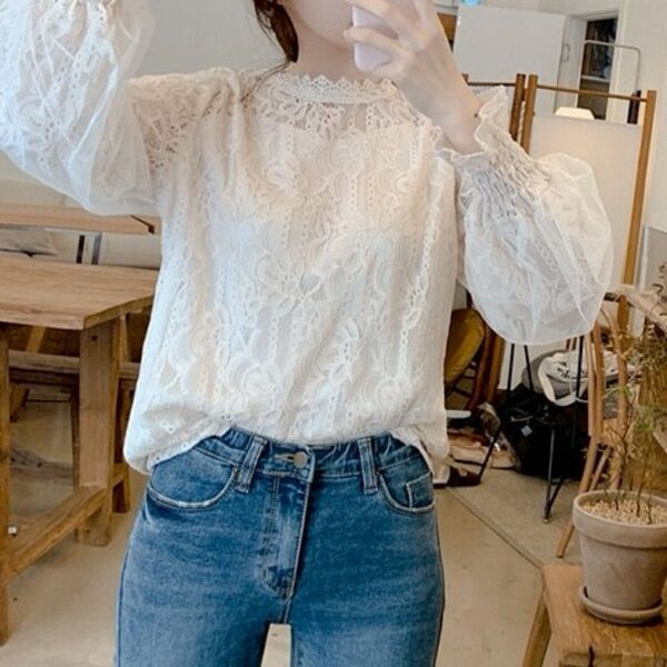 新品トップスブラウスシアーチュール レース刺繍 ランタンスリーブ花柄シャツ長袖 ベージ1TH85
