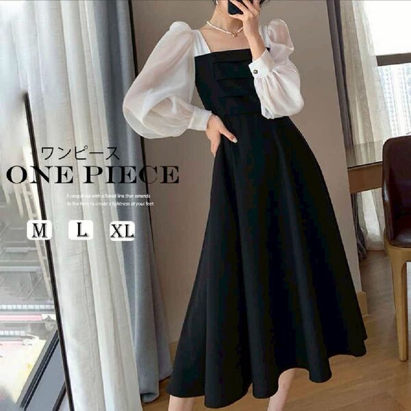新品 フレアワンピース ロングスクエアネックシフォンカジュアル きれいめ 結婚式 二次会 お呼ばれフォーマルTH04