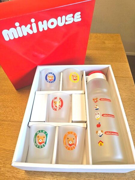 ミキハウス グラス ウォーターボトルセット 新品未使用 MIKI HOUSE ドリンクセット レトロ柄 ガラス