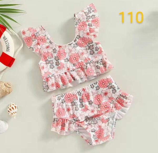 【新品】110サイズ 女の子 フリルピンク 花柄ビキニ 水着