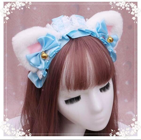 猫耳 ねこ耳 カチューシャ ブルー ヘッドドレス リボン コスプレ ふわふわ