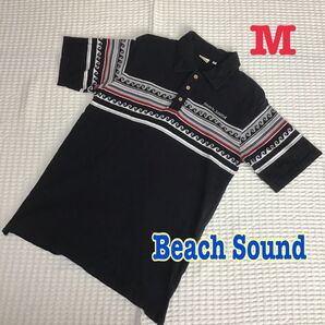 【Beach Sound /ビーチサウンド】ポロシャツ メンズ M ブラック 波模様 ボーダー 綿100% コットン