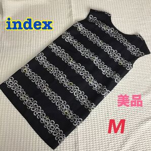 美品【index / インデックス】フレンチスリーブワンピース 花柄 M ボートネック ボーダー見え Iライン ワールド