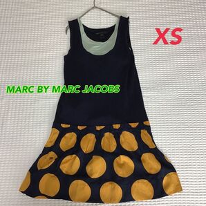 【マークバイ マークジェイコブス】ワンピース XS(S-M相当) 綿&シルク 異素材 ネイビー×水玉