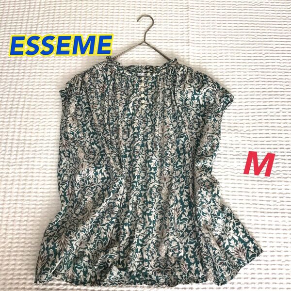 イオン購入【ESSEME】トップス グリーン M フレンチスリーブ ギャザー メロウフリル ボタニカル 総柄 ゆったり