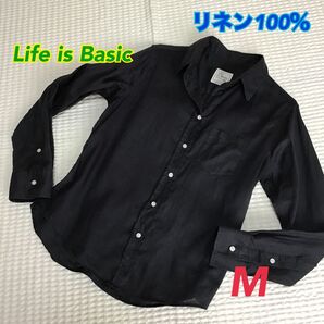 【Life is Basic】リネンシャツ M 濃紺 麻100% スキッパー 長袖 羽織り ナチュラル スタンダード