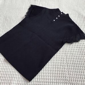 未使用【BEAMS HEART/ビームス】ニットトップス F レース ネイビー ハイネック サマーニット 大人可愛い ガーリー