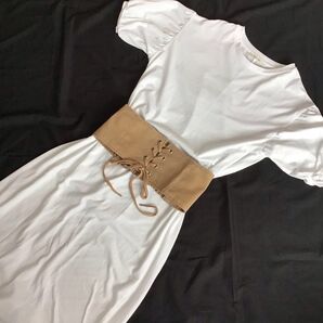 美品【レイガズン】ワンピース ベルトセット 白 フリー バルーンスリープ Tシャツワンピース 大きめ ゆったり