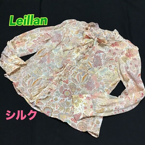 美品【Leilian/レリアン】ペイズリー ブラウス 長袖 シルク100% M ボウタイRochas Premiere 絹 高級感