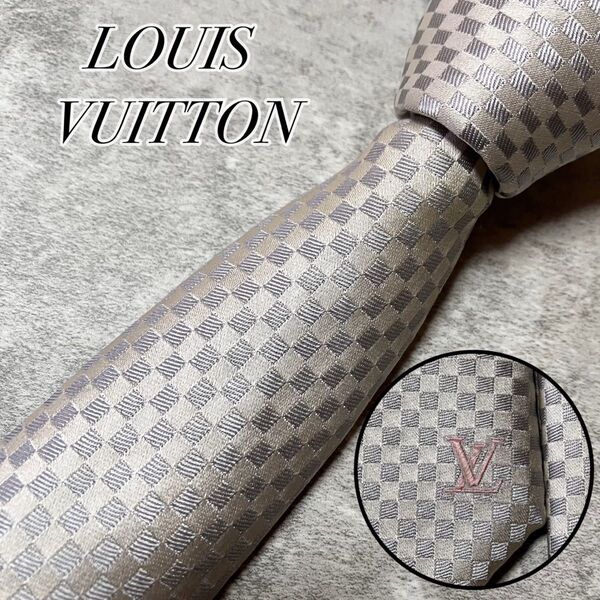 【美品】 LOUIS VUITTON ルイヴィトン ネクタイ シルク マイクロダミエ チェック シルバー系 LVロゴ 肉厚 高級感