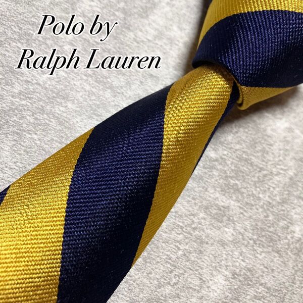 未使用級 Polo by Ralph Lauren ラルフローレン ネクタイ シルク レジメンタル ストライプ ネイビー ゴールド