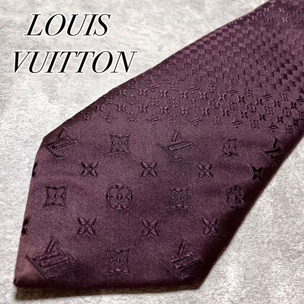 良品 LOUIS VUITTON ルイヴィトン ネクタイ シルク クラヴァット ダミエ ミックスモノグラム パープル系 イタリア製